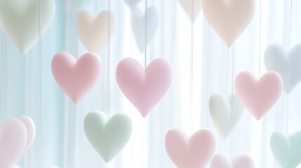 Whimsical Heart Curtain Dance - Romantic Valentine's Day Setting with Pastel Fabrics and Soft Breeze Against Bright Windows, Cinematic Love Artwork Concept