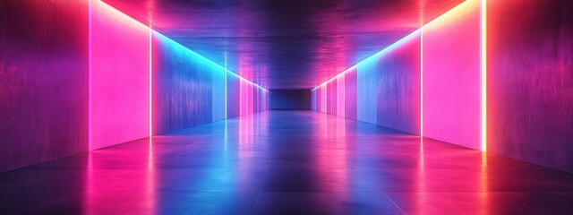 Futuristic Neon Corridor with Dynamic Lighting and Polished Floor in a Hyper-Realistic Style