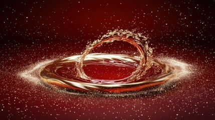 A dynamic splash of liquid creating a striking circle, set against a rich red backdrop with sparkling highlights.