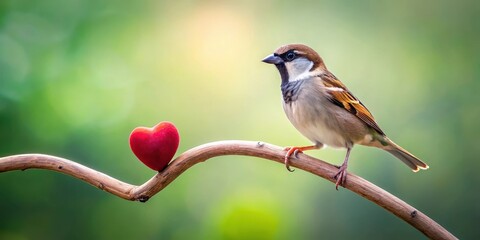 A small sparrow perched on a branch with its heart-shaped chest emblem prominently displayed , avian heart emblems, nature symbols