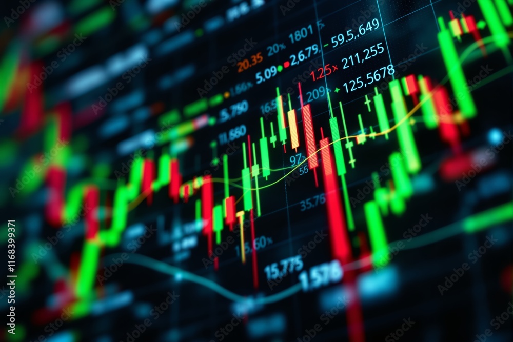 Poster Abstract stock trading chart with dynamic candlestick graph on a dark background.
