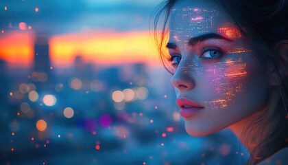 Futuristic Woman Silhouette in Cyberpunk Cityscape with Digital Data Overlays at Sunset