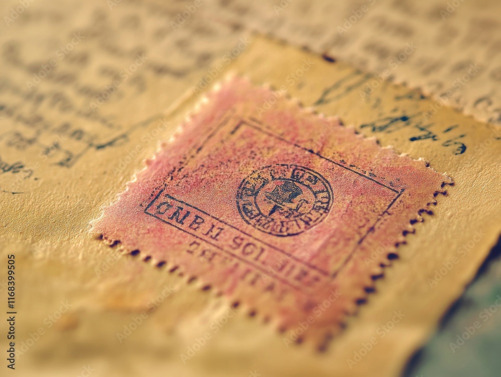 Wall mural close-up of a vintage stamp impression with uneven ink coverage, paired with tactile paper backgroun