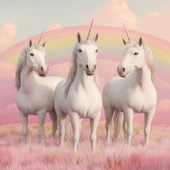 Obraz premium Majestic unicorns standing in vibrant pink meadow under rainbow