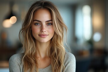 Confident businesswoman in suit smiling in modern office with glasses
