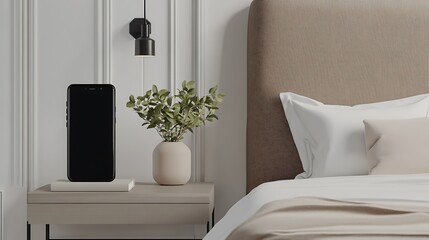 Smartphone on bedside table in minimalist bedroom.