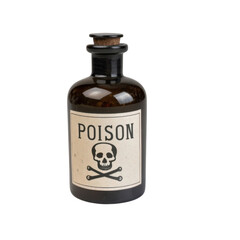 Small glass bottle with a cork and a poison label displayed against a transparent background