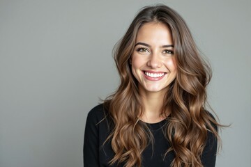 Naklejka premium Portrait of a smiling woman with wavy brown hair on a neutral background.