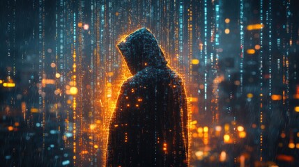 Cyberpunk Hacker in Neon Cityscape with Digital Code and Abstract Patterns