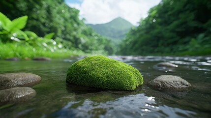 A serene river scene featuring a moss-covered rock and lush greenery.
