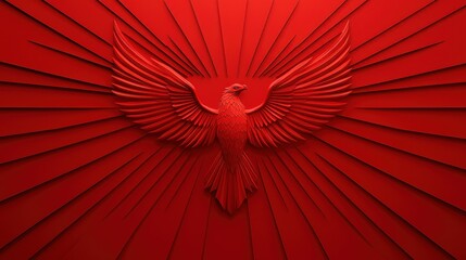 A striking red wall featuring a majestic eagle emblem with radiant wings, symbolizing power and resilience.