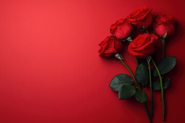 Fototapeta premium Red roses on a red background with copy space for a Valentine's Day celebration banner or greeting card design. 