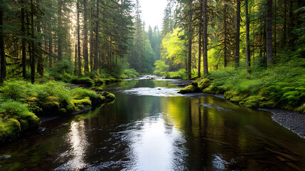 Obraz premium peaceful river meandering through dense forest with lush greenery