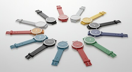 Colorful Wristwatch Collection Arranged in Circle. Ideal for Fashion and Accessory Promotions. Perfect for Lifestyle and Style Blogs.