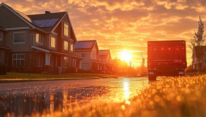 Obraz premium Modern Townhouses with Solar Panels in a Serene Suburban Neighborhood at Dawn