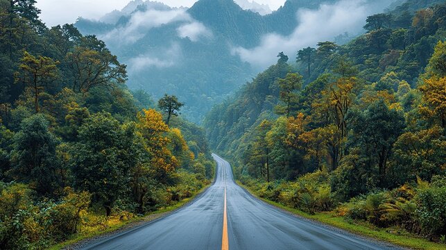Scenic winding road through lush mountains in misty atmosphere during early morning hours