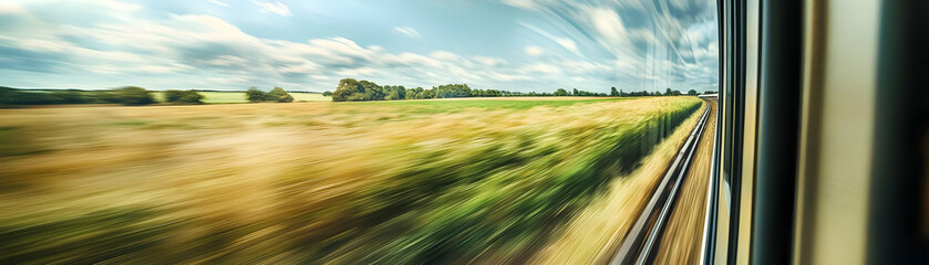 Blurred landscape view from a train window.