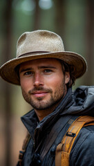 Obraz premium man wearing straw hat and outdoor gear smiles in forest setting
