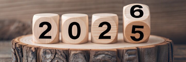 Year 2025 flipping to new Year 2026 on wooden surface.