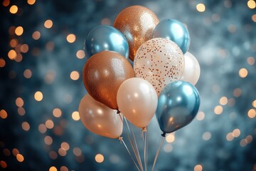 Festive Birthday Scene with Balloons in Blue Gold and White Warm Ambient Lighting