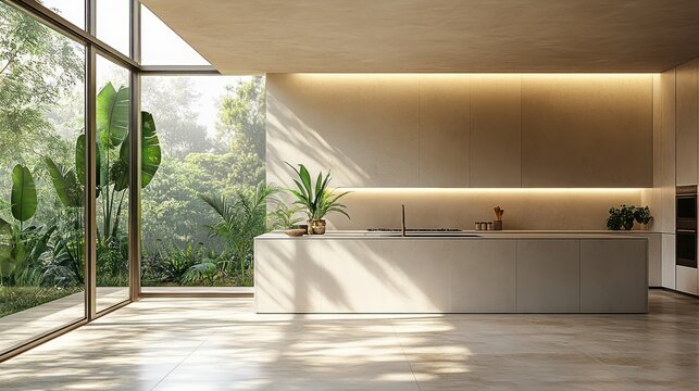 Modern Minimalist Kitchen Interior with Sleek White Cabinets and Natural Light in Scandinavian Style