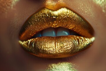 Golden lips with gold paint on beautiful model. Beauty makeup.