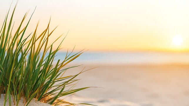 Lush green beach grass at sunset, soft light, ocean background.