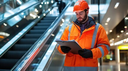 Construction Worker Inspecting Escalator