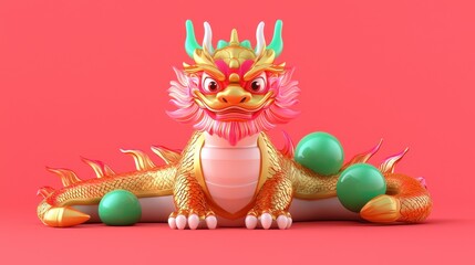 Naklejka premium A vibrant, colorful dragon sculpture symbolizing strength and prosperity against a bright red background.