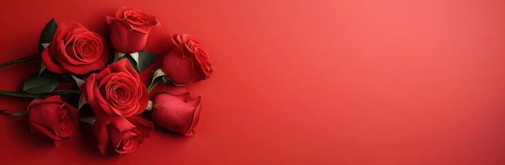 Fototapeta premium Red roses on a red background with copy space for a Valentine's Day celebration banner or greeting card design. 