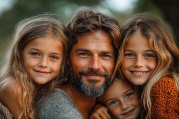 Fototapeta premium Joyful Indian Asian Family Portrait Outdoors with Parents and Children Smiling in Natural Light