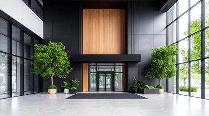 Modern lobby with large windows, wooden accents, and plants.