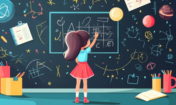 A girl solving math problems on a chalkboard.