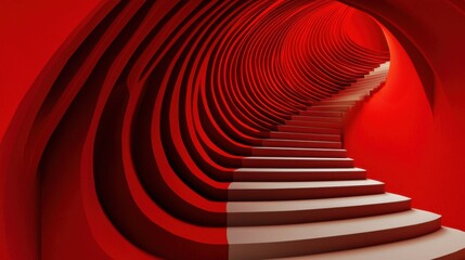 An abstract staircase in a bold red interior showcases modern design and artistic architecture, inviting exploration and imagination.
