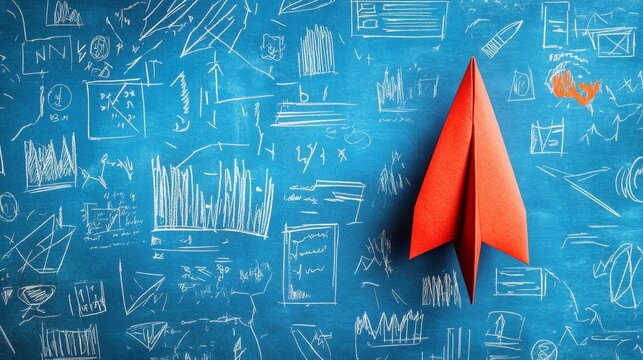 Red paper plane symbolizing innovation and leadership, surrounded by hand-drawn business strategy elements on a vibrant blue background, representing business success and creative solutions.