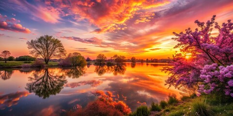 Fiery orange sunset over a lake with blooming flowers and trees in shades of violet and pink , orange, landscape,  orange
