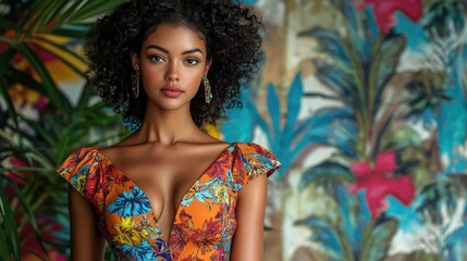 A black-haired woman in a colorful floral dress on a retro-style background with bold patterns.