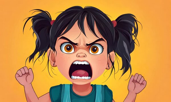 Angry girl with pigtails shouting in vibrant colors.