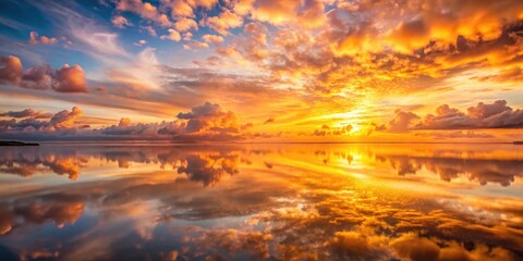 Golden hues illuminate a serene landscape as clouds transform into a kaleidoscope of pinks and oranges at dawn, atmospheric conditions, peaceful scene