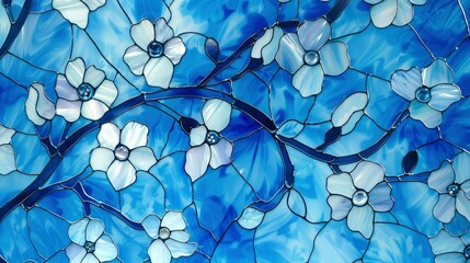 Abstract blue background with a pattern of glass flowers in stained glass