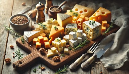 Fototapeta premium Close-up of cheese dices and slices on a rustic wooden board, vibrant textures. Generated with AI.