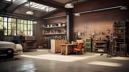 Spacious Industrial-Themed Garage: A Sanctuary for Classic Car Enthusiasts and Mechanics