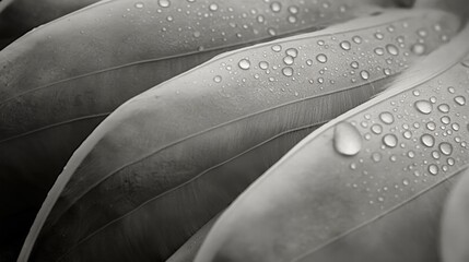 Close-Up of Leaves with Water Droplets in Black and White