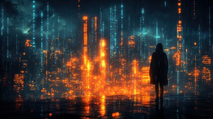 Cyberpunk Hacker in Dark Cityscape with Neon Lights and Digital Code