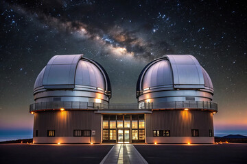 Fototapeta premium High tech observatory with telescopes under starry sky, capturing beauty of Milky Way. stunning view of modern architecture and cosmic wonders