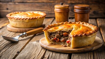 A slice of warm homemade Australian-style meat pie sits alone on a rustic wooden table, surrounded by scattered utensils and a few slices of crusty bread , Australian cuisine, comfort food
