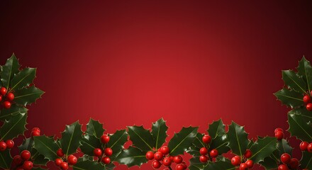 A festive border of holly leaves and berries on a red gradient background