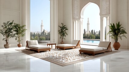 Elegant indoor lounge area with a view of lush greenery.
