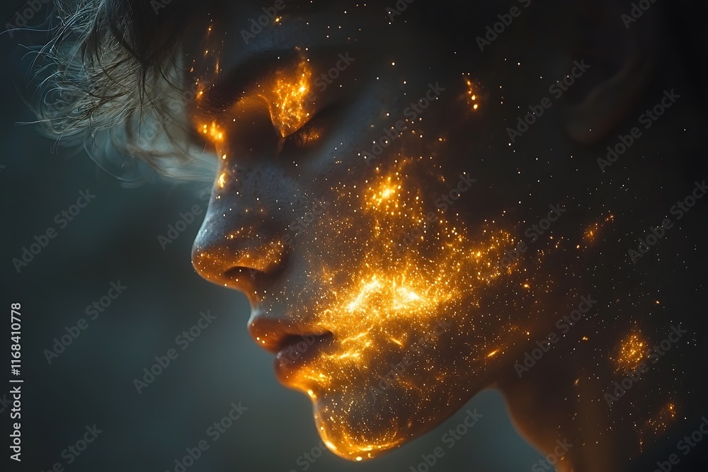 Wall mural cosmic introspection surreal portrait with swirling galaxy within