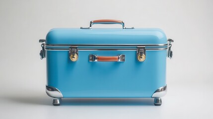 A light blue vintage suitcase with metal accents and small wheels on a white background.